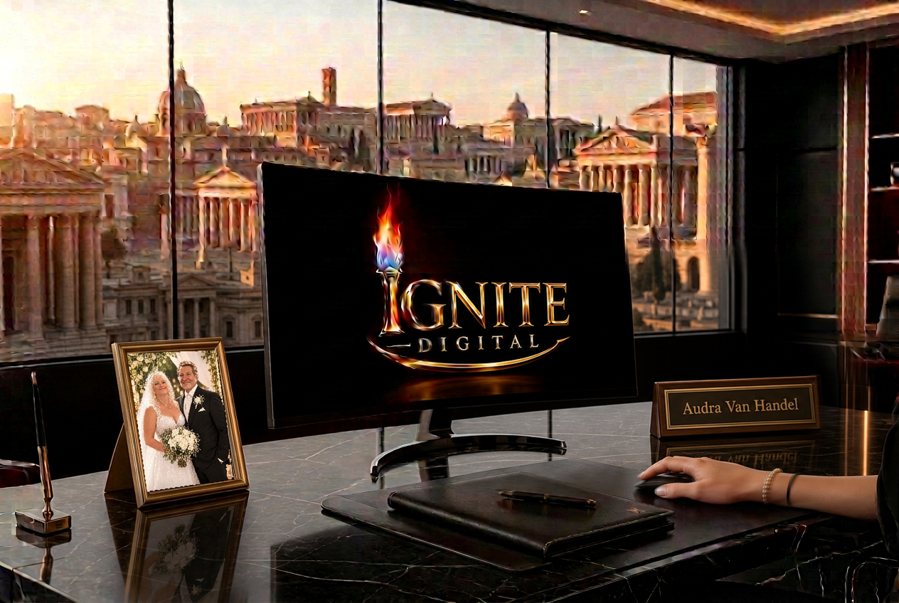 Executive workspace displaying the Ignite Digital website with a Roman city beyond the window